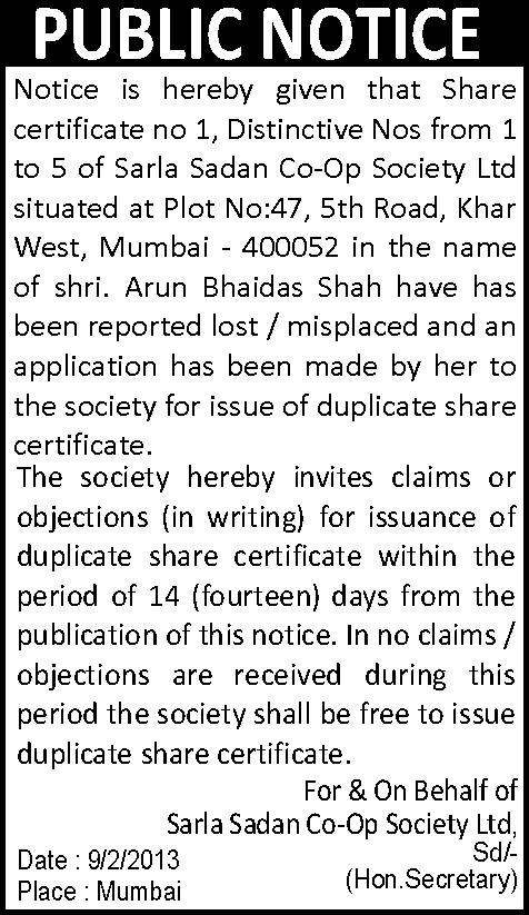 Loss of share certificate